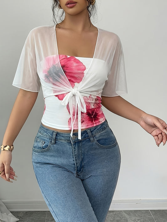 Women's New Vintage Chiffon Tie-Front Crop Top with Large Floral Print Slim Fit Camisole 2pcs Set