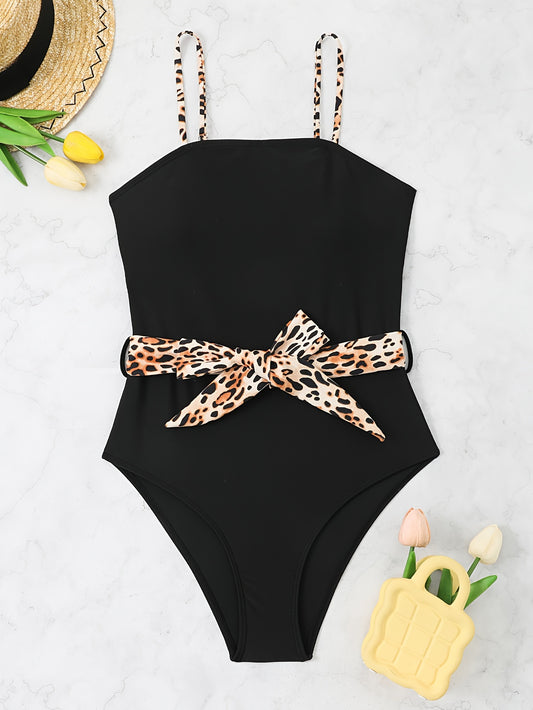 Leopard Print Belted One-Piece Swimsuit